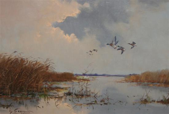 G Stevens, oil on canvas, Marshland with ducks in flight, signed, 29 x 40cm